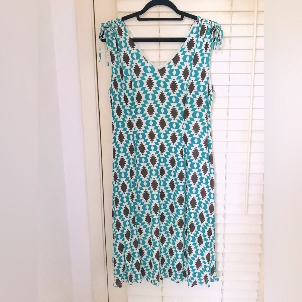 Midnight Velvet Aztec Dress White, Blue, Brown Graphic Print Sleeveless L EUC